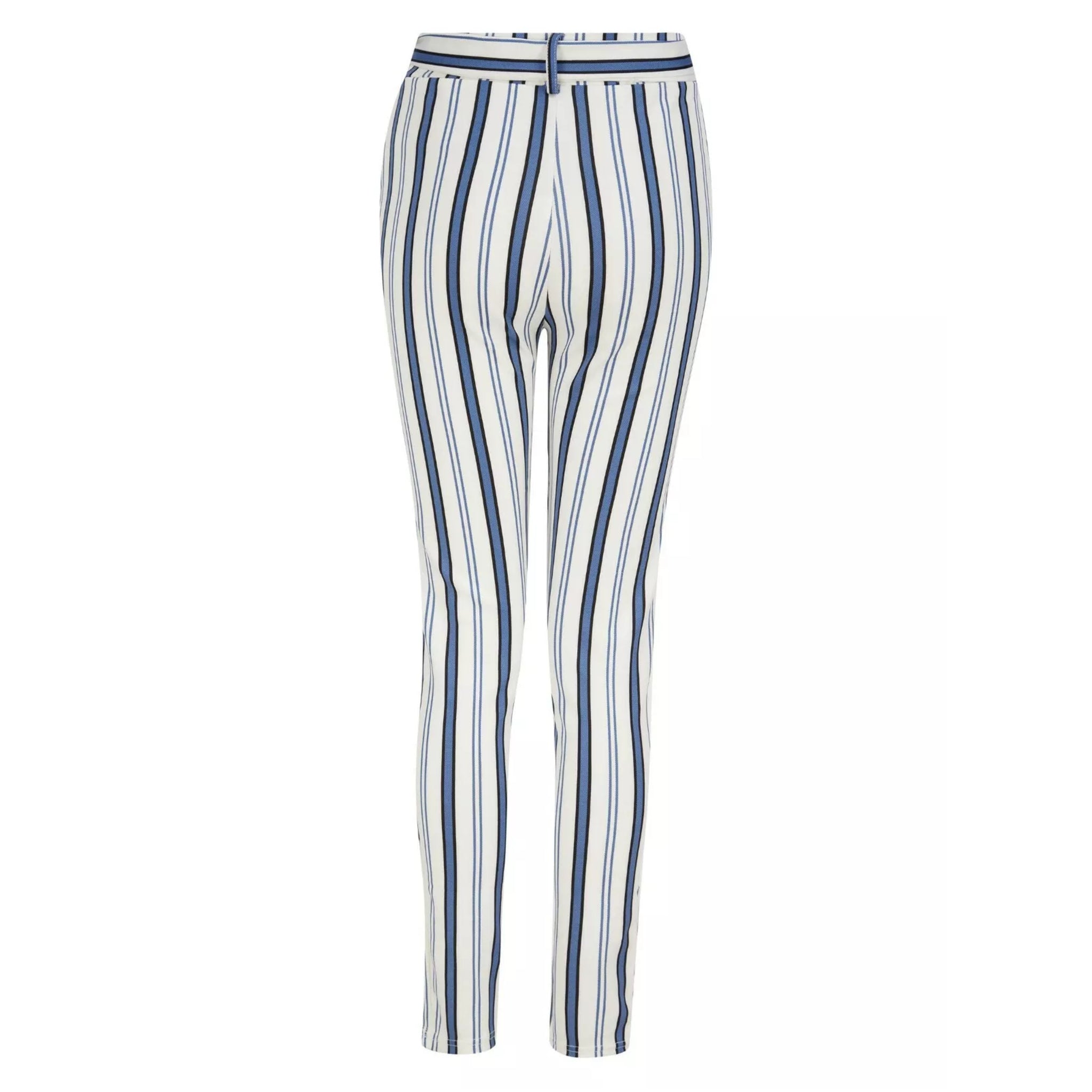 Women's high-waisted belted trousers in white with vertical navy stripes, featuring a tie-front waist and slim fit.